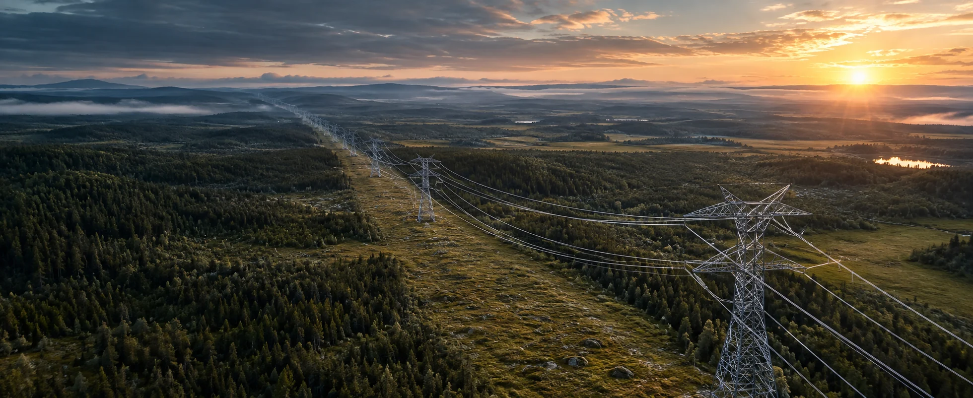 Transmission corridor running to the horizon at sunrise