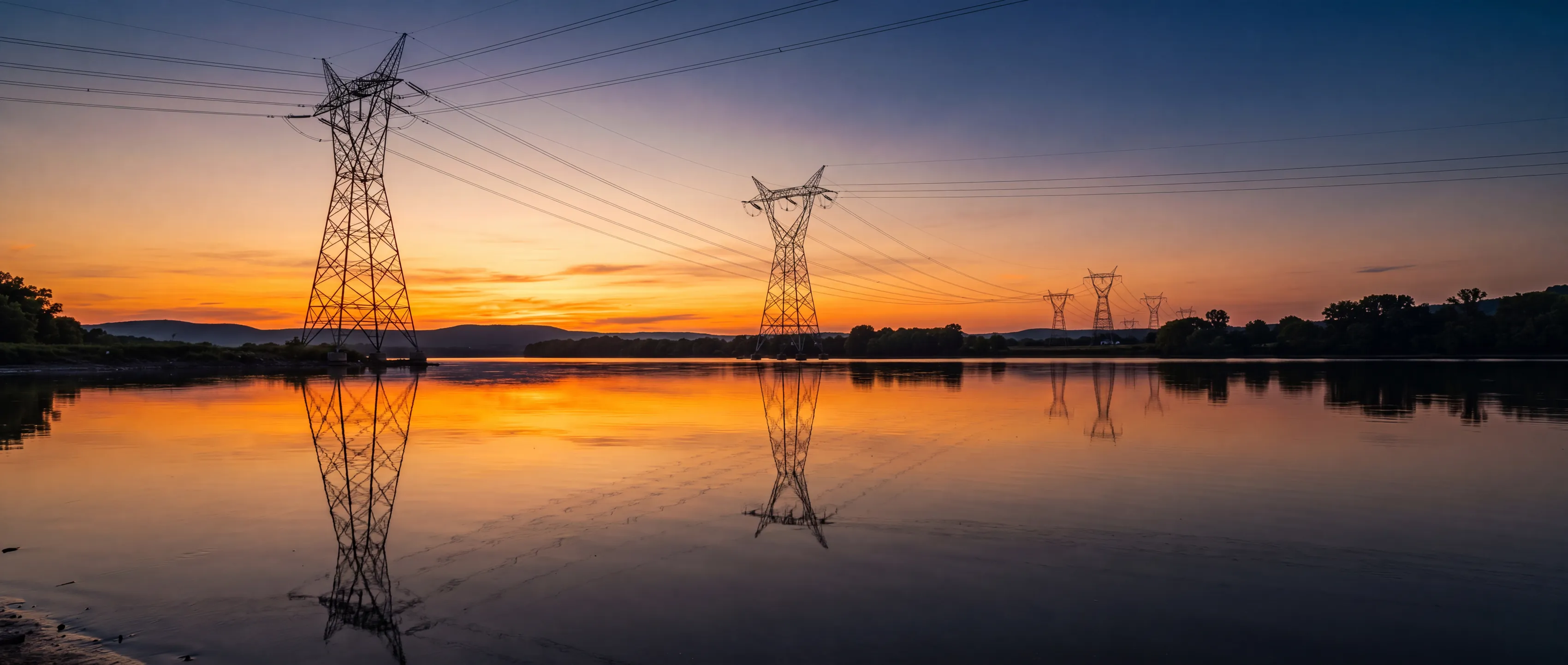 Transmission towers reflected in still water at sunset