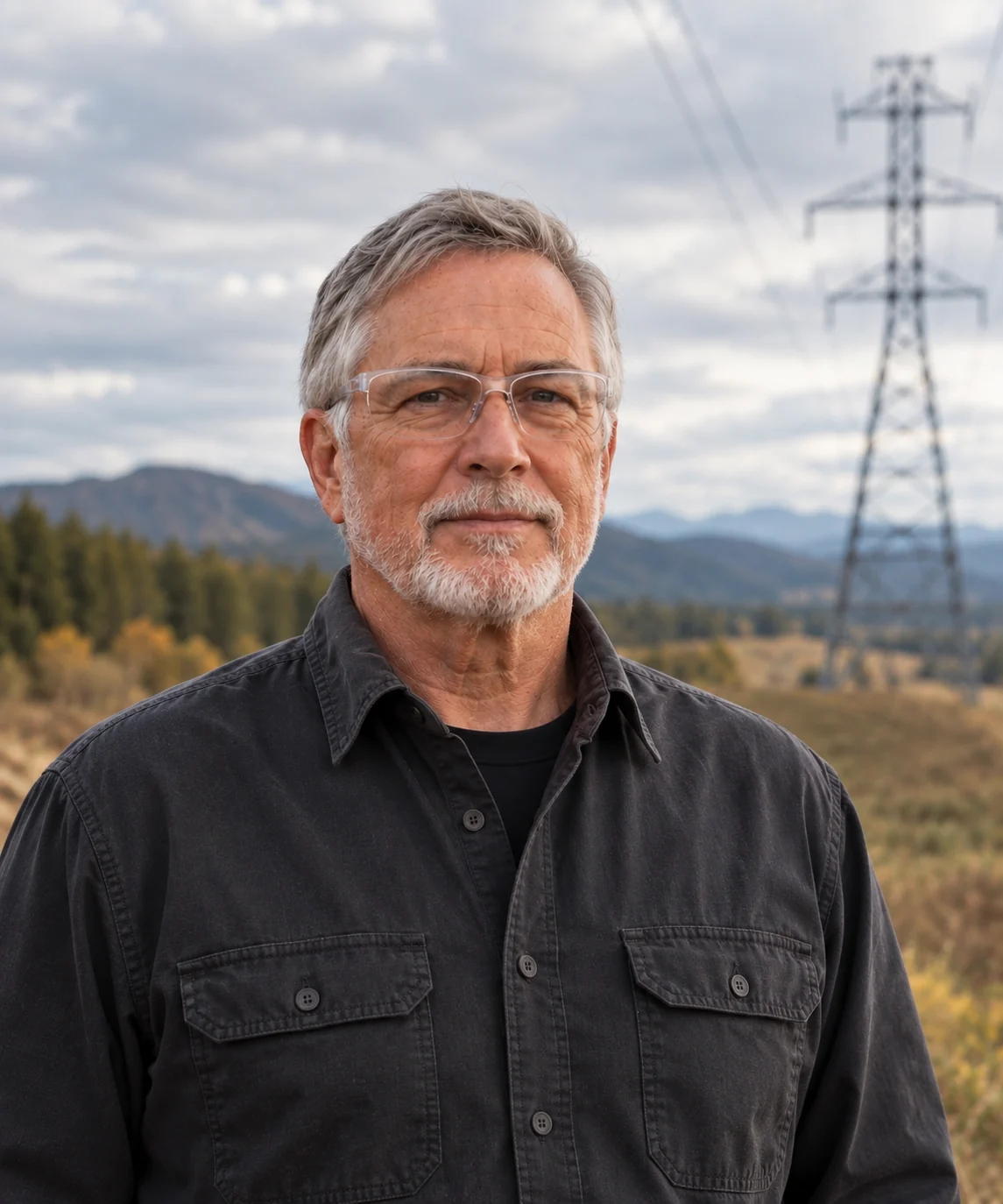 Wesley J. Oliphant, P.E., in front of a transmission line