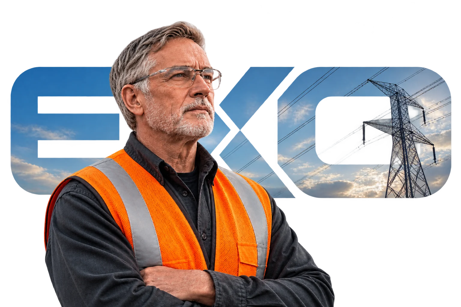 Exo engineer in a high-visibility vest in front of the Exo wordmark, filled with blue sky and a transmission tower